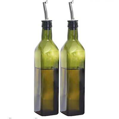Bottiglia di olio da cucina verde scuro di vetro con tubo di scarico in acciaio inossidabile 500 ml 2pcs