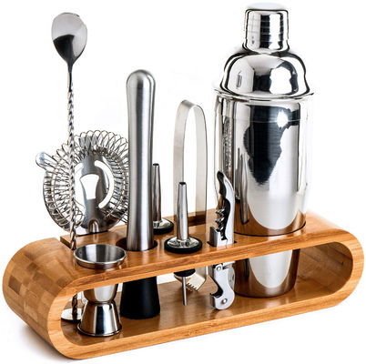 Disegno minimalista 10 in 1 Cocktail Shaker in acciaio inossidabile Set con supporto in legno 750ml