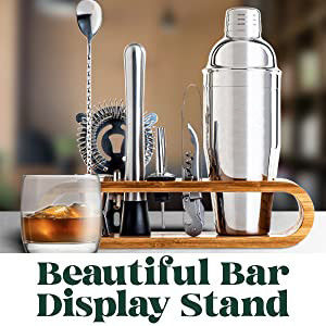 Disegno minimalista 10 in 1 Cocktail Shaker in acciaio inossidabile Set con supporto in legno 750ml
