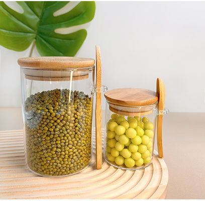 Contenitore per la conservazione degli alimenti a scaffale in vetro trasparente con design funzionale e coperchio rotondo in bambù