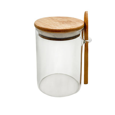 Cibo Bottine rotonde di vetro di bambù con coperchio e cucchiaio Caramelle Spezie Caffè Fagioli Noci Biscotti