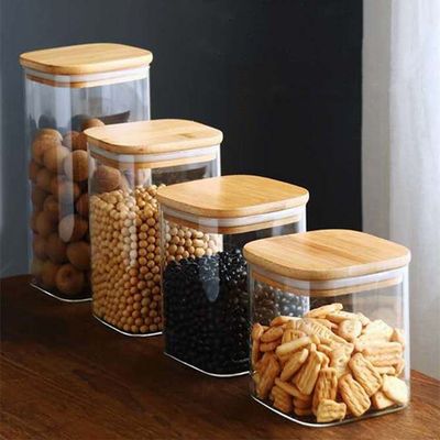 Contenitore per la conservazione degli alimenti di design moderno con coperchio in legno di bambù 300ml 500ml Vaso di vetro con spezie
