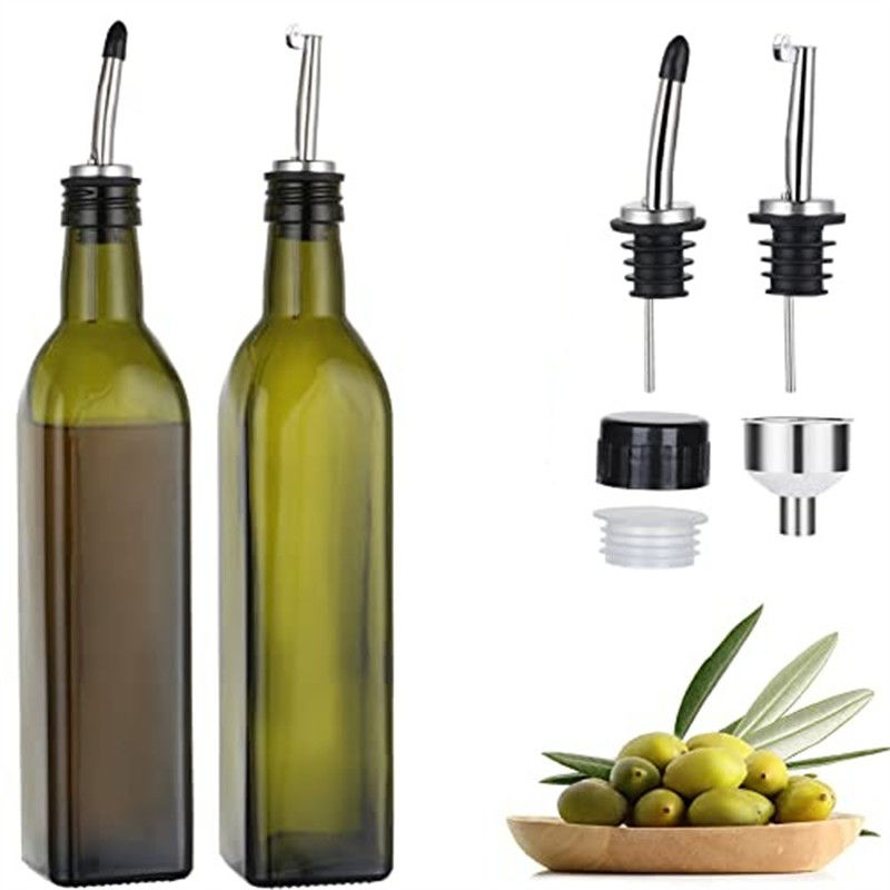 Bottiglia di olio da cucina verde scuro di vetro con tubo di scarico in acciaio inossidabile 500 ml 2pcs