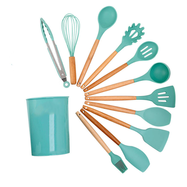 Set di utensili da cucina in silicone verde da 18 pezzi con secchio di stoccaggio