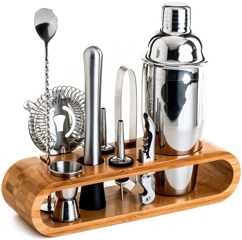 Disegno minimalista 10 in 1 Cocktail Shaker in acciaio inossidabile Set con supporto in legno 750ml