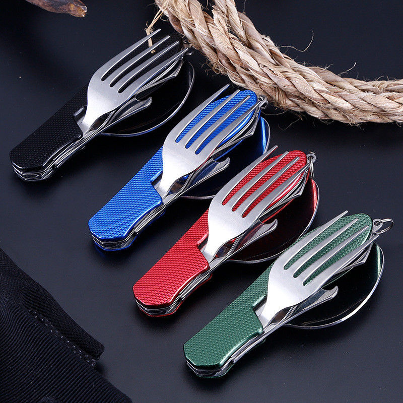 Set di utensili da campeggio pieghevoli coltello a cucchiaio in acciaio inossidabile per attività all'aria aperta