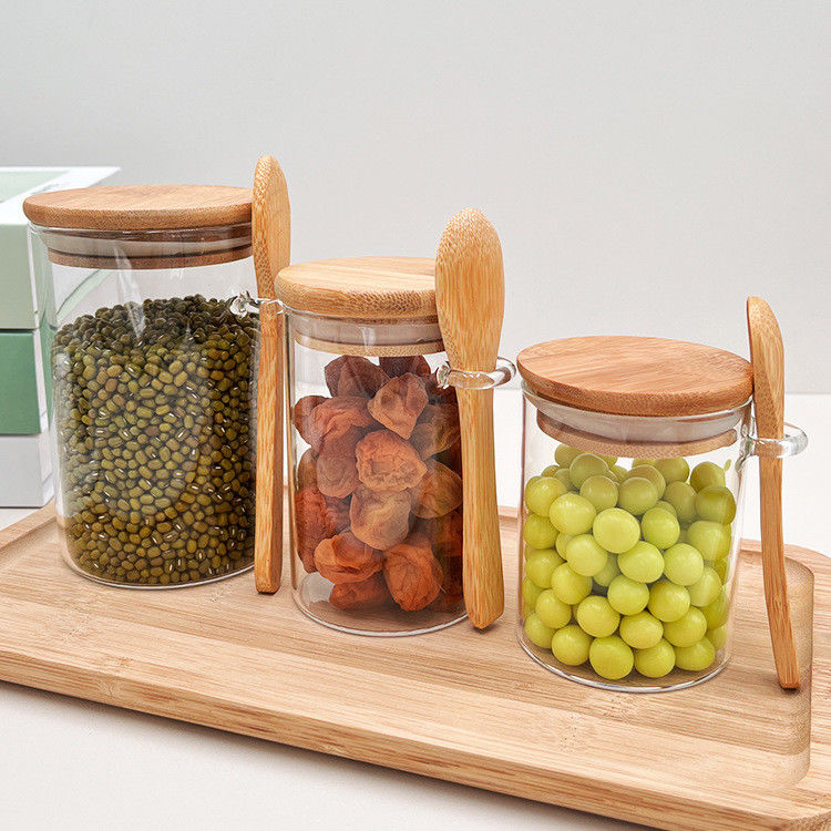 Cibo Bottine rotonde di vetro di bambù con coperchio e cucchiaio Caramelle Spezie Caffè Fagioli Noci Biscotti