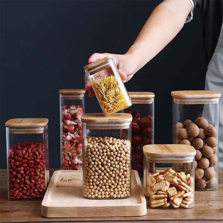 Contenitore per la conservazione degli alimenti di design moderno con coperchio in legno di bambù 300ml 500ml Vaso di vetro con spezie