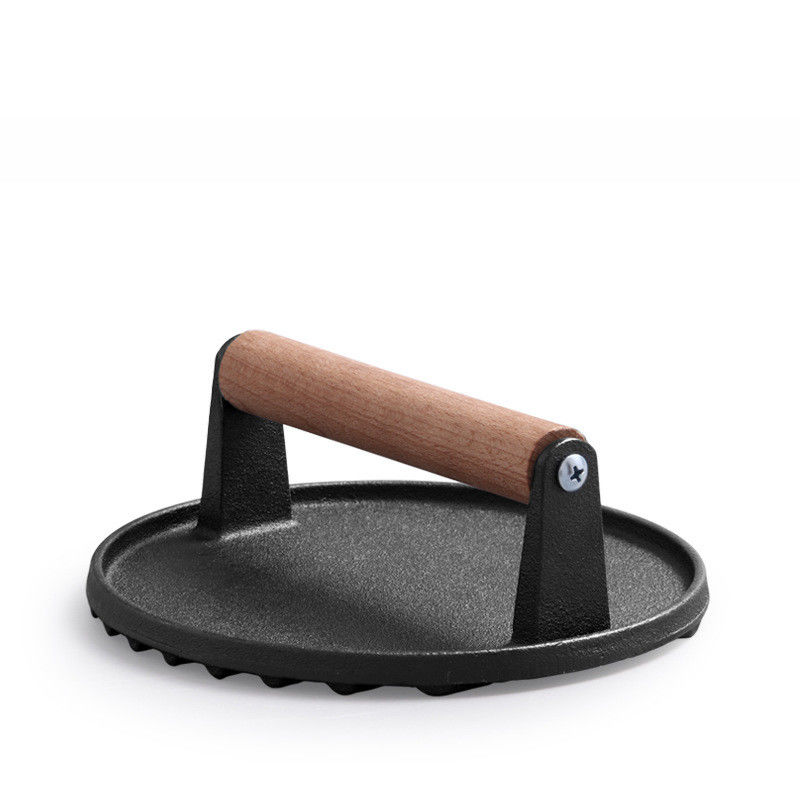 Pressa per hamburger e bistecche rettangolare pesante Griglia di ferro fuso Spagliatura Pressa per pancetta con manico di legno